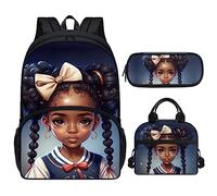 ZOUTAIRONG Set di zaino con portapranzo 3 in 1 con ragazza africana magica americana afro borsa portapranzo astuccio per bambini borse per libri scolastici per 2/3/4/5 grado, blu