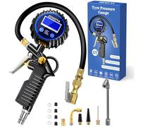 ZOVHYYA Manometro Pressione Gomme Professionale 220PSI Manometri per Pneumatici Pistola Gonfiaggio Pneumatici con 4 Tappi Valvola 2 Ugelli 1 Valvola Francese 1 Stelo di Prolunga in Metallo 90 Gradi