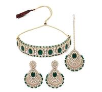 ZOXXIE Set di collana girocollo tradizionale indiana placcata in oro con pietre e perline, orecchini e Maangtika, set di gioielli da donna, standard, in metallo, senza pietre preziose