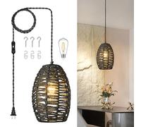 ZPBSJ Rattan Plug in Lampada a Sospensione Boho Luci Sospensione Nero Luci Sospensione Altezza Regolabile Basket Lampada E27 Lampada Sospensione Camera Letto Soggiorno Agriturismo(1-Confezione)