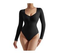 ZPFDSG Body Contenitivo Modellante Canotte con Scollo a V da Donna Canotte Invernali Solide a Maniche Lunghe Tuta Shapewear Aderente Tipo Stretto Body Femminili(Black,M)