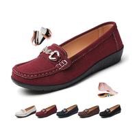 ZPLMIDE Mocassini ortopedici da donna in pelle scamosciata, stile retrò, mocassini da guida per signore, comodi slip-on alla moda, scarpe boat con tacco a zeppa, Borgogna, 43 EU