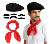 ZPQJV 8 Pezzi Accessori per Costume Francese, Accessori Mimo con Berretto, Baffi, Sciarpa, Costume da Artista per Carnevale, Halloween, Feste a Tema, Unisex