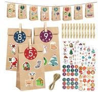 ZQEJEFD Calendario dell’Avvento Fai da Te, 24 Sacchetti Calendario Avvento Bambini da Riempire, Delizioso Calendario dell’Avvento 2025 da Comporre con 1-24 Adesivi Numeri, 24 Clip e Corda di Canapa