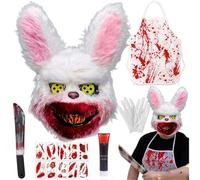 ZQEJEFD Maschera da Coniglio Paurosa, Maschera di Coniglio Insanguinato Horror, Maschere di Halloween Spaventosa con Machete, Tatuaggi, Grembiule Insanguinato, per Halloween Carnevale Festa Cosplay