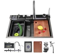 ZQFHSX Elegante lavello da Cucina con Doppia Cascata e Rubinetto con Display a LED: spaziosa postazione di Lavoro, doccetta Estraibile, Acciaio Inossidabile, lavabicchieri e Accessori Ess