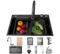 ZQFHSX Lavello a cascata 75 x 50 cm, in acciaio inox, 1 vasca, Lavello domestico multifunzionale singolo con rubinetteria, sistema di scarico, vassoio traboccante, cestino raccogliegota