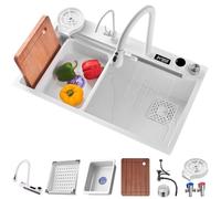 ZQFHSX Lavello a cascata in acciaio inox con rubinetto a display digitale 3 in 1, vasca unica, cestello di gocciolamento, tagliere, rondella per tazze e sistema di drenaggio (scorrevole)