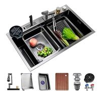 ZQFHSX Lavello a cascata Om con rubinetto girevole a 1080°, in acciaio inossidabile, postazione di lavoro da cucina a un serbatoio, lavabile in lavastoviglie scorrevole e doppio montaggio (colore