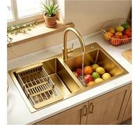 ZQFHSX Lavello da Cucina, 2 vasche, 75 x 40 cm, lavello in Acciaio Inox Color Oro con Fori per Rubinetto, Grande per la Cucina, da Incasso con cestello raccogligocce, Dispenser di Sapone