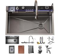 ZQFHSX Lavello da Cucina 85x50 cm 1 Vasca da Bagno in Acciaio Inox Nero Antracite con Rubinetto Estraibile, Sifone, Dispenser di Sapone, Lavello Mobile e Tagliere.