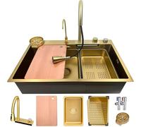 ZQFHSX Lavello da Cucina a Cascata 65x50 cm, Oro, Grande lavello a 1 Secchio per Lavaggio con Rubinetto Estraibile, Dispenser di Sapone, risciacquo Tazze