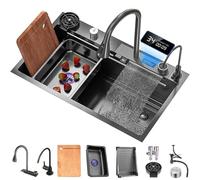 ZQFHSX Lavello da Cucina a Cascata in Acciaio Inox 304 con Rubinetto Digitale, Cesto di Sgocciolamento Multifunzionale, Bacino, Tagliere, Lavastoviglie e Accessori Drenaggio (Co