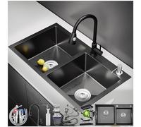 ZQFHSX Lavello da Cucina a Incasso Nero, a Doppia Vasca in Acciaio Inox con Rubinetto e Accessori, Angolo Bar, Installazione sottotop (Colore: Nero-Grigio A, Dimensioni: 82x45 cm)