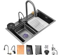 ZQFHSX Lavello da Cucina a Vasca Singola in Acciaio Inox 304 con Rubinetto e piletta di Scarico, Ideale per Cortile, Ufficio, Lavanderia (Colore: Nero, Dimensioni: 75x45x22 cm)