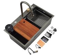 ZQFHSX Lavello da Cucina con Rubinetto a Cascata Arcobaleno e Barra lavabicchieri in Acciaio Inox, Kit lavello da Lavoro in Stile Rustico, Facile da Pulire (Dimensioni: 68x46 cm)