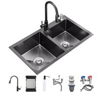 ZQFHSX Lavello da cucina doppio vassoio Om con rubinetto estraibile, postazione di lavoro multifunzionale in acciaio inox, set completo di accessori per bar (colore: nero, dimensioni