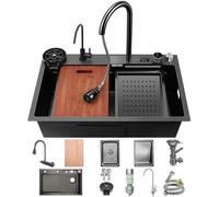 ZQFHSX Lavello da cucina in acciaio inox con cascata, rubinetto digitale, scolapiatti multifunzione, tagliere e scarico, 68 x 45 cm