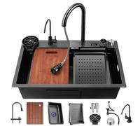 ZQFHSX Lavello da cucina in acciaio inox con cascata, rubinetto estraibile e display digitale, set completo di accessori per la preparazione dei pasti (colore: nero, Dimensi