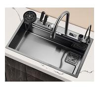 ZQFHSX Lavello da Cucina in Acciaio Inox Nero/Grigio con Cascata e Rubinetto Estraibile a doccetta, Vasca Singola, postazione di Lavoro con Accessori Multipli (Dimensioni: 75x46 cm)
