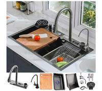 ZQFHSX Lavello da Cucina Nano Nero/Grigio con Display Digitale Multifunzionale, Rubinetto Estensibile a Cascata in Acciaio Inox 304 (68 x 46 cm)