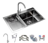ZQFHSX Lavello da cucina Om con lavello da bagno a vassoio singolo in acciaio inossidabile 304, rubinetto a gomito grande e sistema di scarico (colore: argento, dimensioni: 90 x 48 x 21 cm)