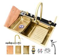 ZQFHSX Lavello da Cucina, Set lavello Domestico Nano Waterfall, Vasca per Verdure, postazione di Lavoro Singola, Nero-Grigio, con Rubinetto Estraibile, Lavatrice a Pressione (Oro, 68 cm/2