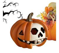 Zqkimzi Halloween Pumpkin Decor, Skeleton Horror Prop, Fall Table Ornament, Hand Painted Creepy Finish, Lightweight Resin Body, Medium Size Orange, Excellent for Desk Window Mantel Haunted House Use