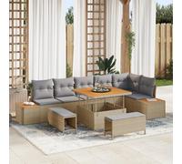 ZQQLVOO 9 Pezzi Divano da Giardino con Cuscini Beige Poly Rattan Acacia, Set Modulare da Esterno per Sei Persone con Materiali Resistenti alle intemperie e Fodere Sfoderabili, Mobili da Terrazzo