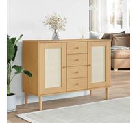 ZQQLVOO Credenza in legno di pino massiccio con 4 cassetti e 4 scomparti, parte anteriore in treccia viennese, design retrò, finitura laccata UV per elegante soggiorno o corridoio