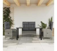 ZQQLVOO Set da pranzo da giardino, 4 pezzi, con cuscini, in polyrattan, colore: grigio | Piano in vetro temperato, funzione sdraiata, cuscino con cerniera, 110 kg per sedile