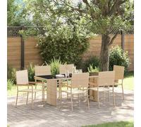 ZQQLVOO Set da pranzo da giardino, 7 pezzi, in polyrattan, beige, con piano | polyrattan, telaio in acciaio, piano in vetro temperato, braccioli in legno di acacia, gambe di pali, per terrazza e giardino