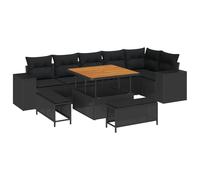 ZQQLVOO Set di 9 divani da giardino in polyrattan nero con cuscini e tavolo in acacia, set modulare per sei persone, mobili da esterni resistenti alle intemperie con telaio in acciaio