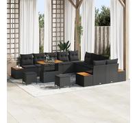 ZQQLVOO Set di divani da giardino da 13 pezzi con cuscini neri in polyrattan e acacia, divano da esterno a quattro posti con sei cuscini per schienale, design moderno per terrazza, balcone, giardino