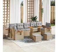 ZQQLVOO Set di divani da giardino da 5 posti in rattan sintetico beige e legno di acacia con cuscino resistente alle intemperie per terrazza e balcone, accogliente salotto dal design modulare