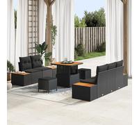 ZQQLVOO Set di divani da giardino da 8 pezzi con cuscini, in polyrattan nero, dettagli in legno di acacia, set modulare per esterni per terrazza e patio, imbottitura morbida, configurazione resistente