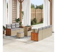 ZQQLVOO Set di divani da giardino in rattan sintetico beige e legno con cuscino grigio chiaro per 6 persone, resistente alle intemperie e facile da pulire, per terrazza, balcone o giardino d'inverno