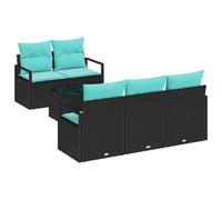 ZQQLVOO Set divano 6 pz. numero 5 posti nero e turchese polyrattan | polyrattan resistente ai raggi UV, struttura in acciaio, tavolo in vetro di sicurezza, cuscino in schiuma con cerniera