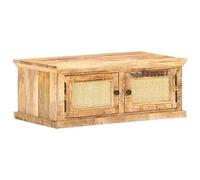 ZQQLVOO Tavolino da caffè in legno massello di mango con stile rustico e 2 scomparti, 90 x 50 x 35 cm, legno massello mango e intreccio naturale