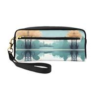 ZQYTGFDC Borsa per il trucco portatile in pelle con gattino e farfalla, astuccio per matite estetiche per donne, astuccio per trucchi, Foglie cadute su un tranquillo lago, taglia unica