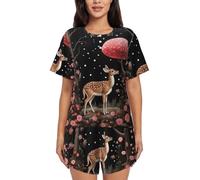 ZQYTGFDC Lost Deer in the Flowers Set pigiama da donna a maniche corte set da notte casual due pezzi pigiama con tasche, Nero , 3XL