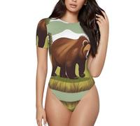 ZQYTGFDC Orso marrone che cammina Body Neck per le donne Manica Corta Body Suits Basic Top Camicia Casual, Nero , L