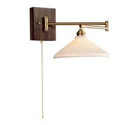 ZR98US Pleated Ceramic Vintage Copper Swinging Arm Pull Chain Lamp for Bedroom Bedside Living Room Wall Light