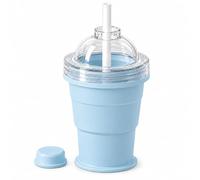 ZrdlqlLcjxy 2-in-1 Collapsible Silicone Ice Ball Maker Cup, Portable Foldable Ice Hockey Cup for Coffee Juice Home Gym Outdoor, Leakproof Travel Tumbler with Straw Lid (Blue)