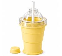 ZrdlqlLcjxy 2-in-1 Collapsible Silicone Ice Ball Maker Cup, Portable Foldable Ice Hockey Cup for Coffee Juice Home Gym Outdoor, Leakproof Travel Tumbler with Straw Lid (Yellow)