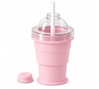 ZrdlqlLcjxy 2-in-1 Collapsible Silicone Ice Ball Maker Cup, Portable Foldable Ice Hockey Cup for Coffee Juice Home Gym Outdoor, Leakproof Travel Tumbler with Straw Lid (Pink)