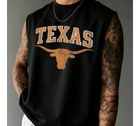 Zrgoth T-shirt senza maniche casual versatile semplice da uomo con stampa di testo Texas & elementi di animali di campagna testa di mucca, estate, streetwear L,M,S,XL,XS,XXLLettereTessuto in maglia