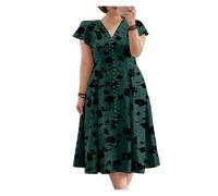 ZRHWSPD Abito a Maniche Corte Vestito Estivo da Festa con Scollo a V e Maniche a Volant, Casual, da Donna, Estivo, con Cintura in Vita, a Trapezio, con Stampa Floreale(Green,XXXL)