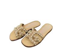 ZRHWSPD Ciabatte Paglia Donna Pearl Straw Women's Slippers Beach High End Comfortable Flat Sandals(38)