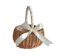ZRSWV - Cesto in vimini per fiori, cestino per damigelle d’onore, con fiocco, realizzato a mano, con manico e fodera in plastica, per cerimonie nuziali (bianco, S)